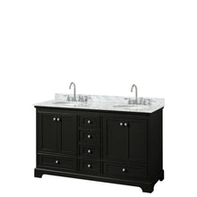Load image into Gallery viewer, Wyndham Collection Vanity Wyndham Collection WCS202060DDECMUNOMXX Deborah 60 Inch Double Bathroom Vanity in Dark Espresso, White Carrara Marble Countertop, Undermount Oval Sinks, and No Mirrors