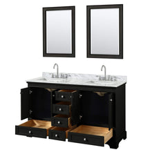 Load image into Gallery viewer, Wyndham Collection Vanity Wyndham Collection WCS202060DDECMUNSM24 Deborah 60 Inch Double Bathroom Vanity in Dark Espresso, White Carrara Marble Countertop, Undermount Square Sinks, and 24 Inch Mirrors