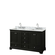 Load image into Gallery viewer, Wyndham Collection Vanity Wyndham Collection WCS202060DDECMUNSMXX Deborah 60 Inch Double Bathroom Vanity in Dark Espresso, White Carrara Marble Countertop, Undermount Square Sinks, and No Mirrors