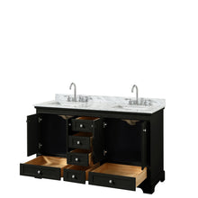 Load image into Gallery viewer, Wyndham Collection Vanity Wyndham Collection WCS202060DDECMUNSMXX Deborah 60 Inch Double Bathroom Vanity in Dark Espresso, White Carrara Marble Countertop, Undermount Square Sinks, and No Mirrors