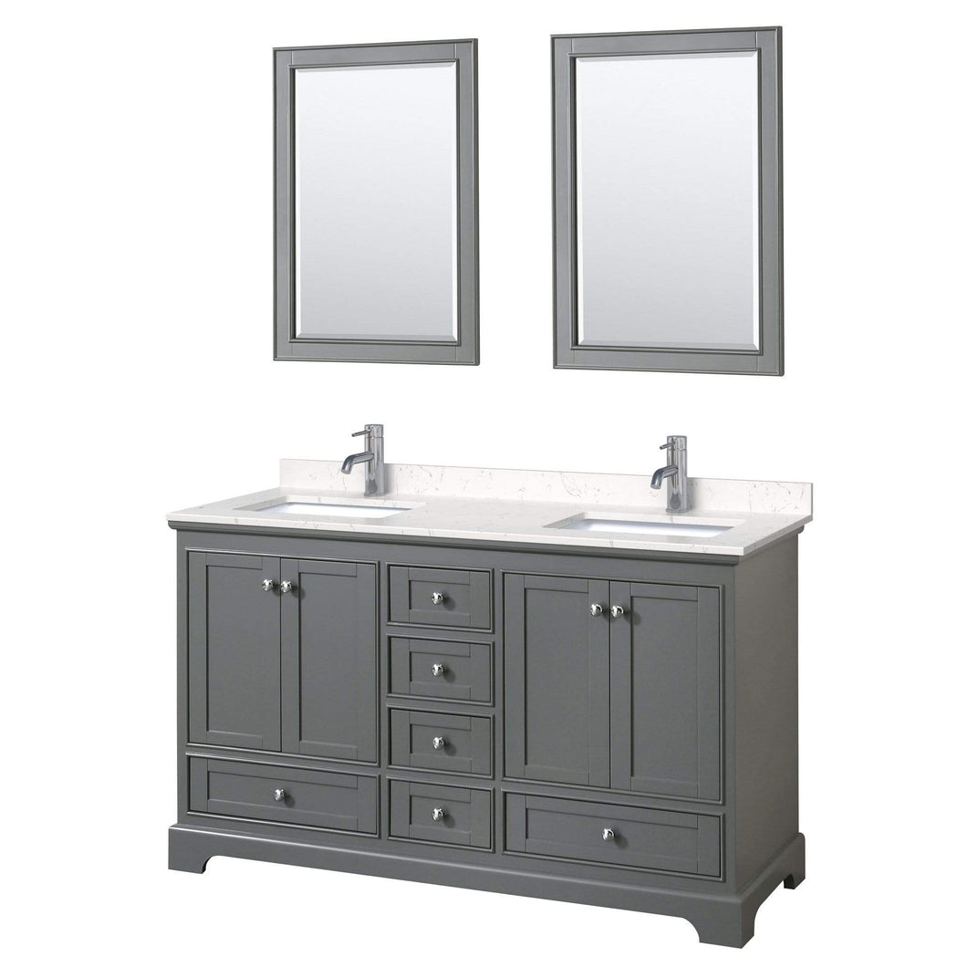 Wyndham Collection Vanity Wyndham Collection WCS202060DKGC2UNSM24 Deborah 60 Inch Double Bathroom Vanity in Dark Gray, Light-Vein Carrara Cultured Marble Countertop, Undermount Square Sinks, 24 Inch Mirrors