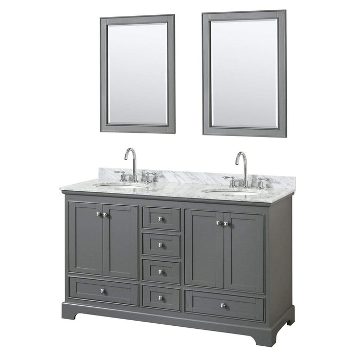 Wyndham Collection Vanity Wyndham Collection WCS202060DKGCMUNOM24 Deborah 60 Inch Double Bathroom Vanity in Dark Gray, White Carrara Marble Countertop, Undermount Oval Sinks, and 24 Inch Mirrors