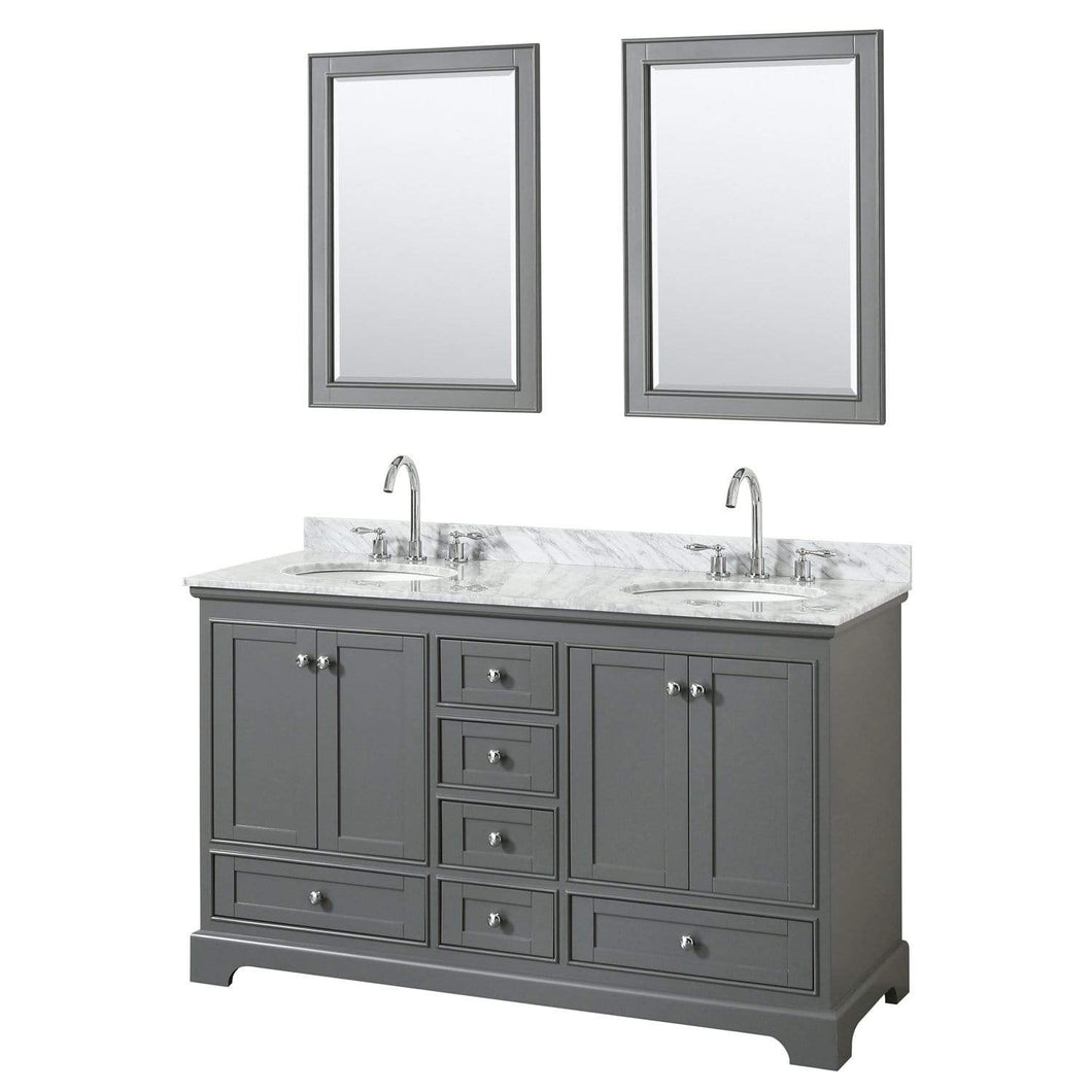 Wyndham Collection Vanity Wyndham Collection WCS202060DKGCMUNOM24 Deborah 60 Inch Double Bathroom Vanity in Dark Gray, White Carrara Marble Countertop, Undermount Oval Sinks, and 24 Inch Mirrors