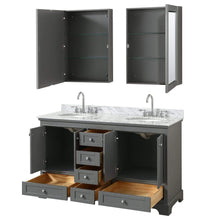 Load image into Gallery viewer, Wyndham Collection Vanity Wyndham Collection WCS202060DKGCMUNOMED Deborah 60 Inch Double Bathroom Vanity in Dark Gray, White Carrara Marble Countertop, Undermount Oval Sinks, and Medicine Cabinets