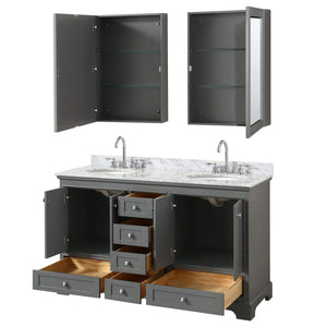 Wyndham Collection Vanity Wyndham Collection WCS202060DKGCMUNOMED Deborah 60 Inch Double Bathroom Vanity in Dark Gray, White Carrara Marble Countertop, Undermount Oval Sinks, and Medicine Cabinets
