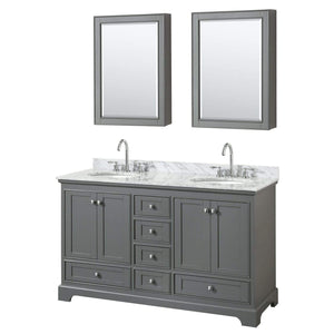 Wyndham Collection Vanity Wyndham Collection WCS202060DKGCMUNOMED Deborah 60 Inch Double Bathroom Vanity in Dark Gray, White Carrara Marble Countertop, Undermount Oval Sinks, and Medicine Cabinets