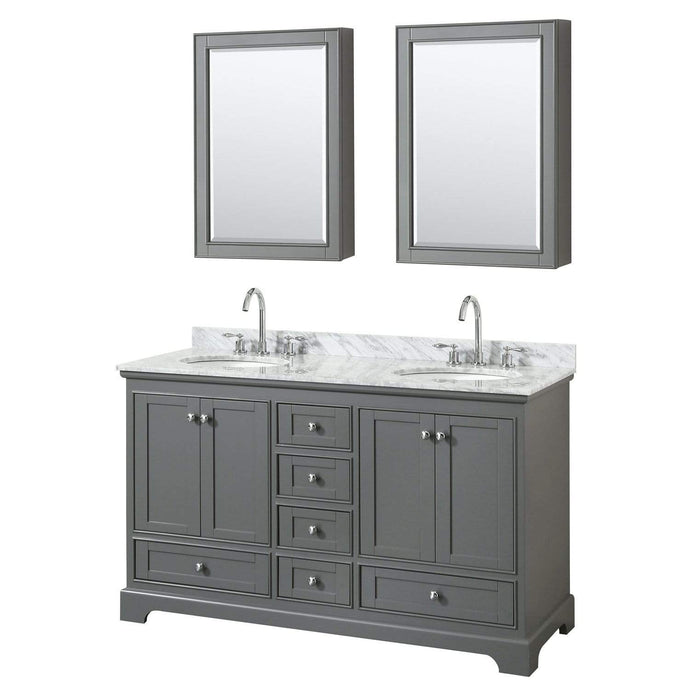 Wyndham Collection Vanity Wyndham Collection WCS202060DKGCMUNOMED Deborah 60 Inch Double Bathroom Vanity in Dark Gray, White Carrara Marble Countertop, Undermount Oval Sinks, and Medicine Cabinets