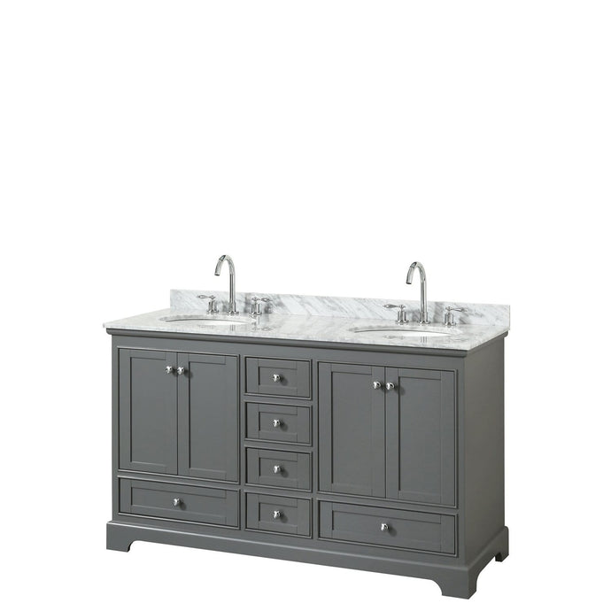 Wyndham Collection Vanity Wyndham Collection WCS202060DKGCMUNOMXX Deborah 60 Inch Double Bathroom Vanity in Dark Gray, White Carrara Marble Countertop, Undermount Oval Sinks, and No Mirrors