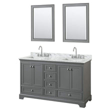 Load image into Gallery viewer, Wyndham Collection Vanity Wyndham Collection WCS202060DKGCMUNSM24 Deborah 60 Inch Double Bathroom Vanity in Dark Gray, White Carrara Marble Countertop, Undermount Square Sinks, and 24 Inch Mirrors