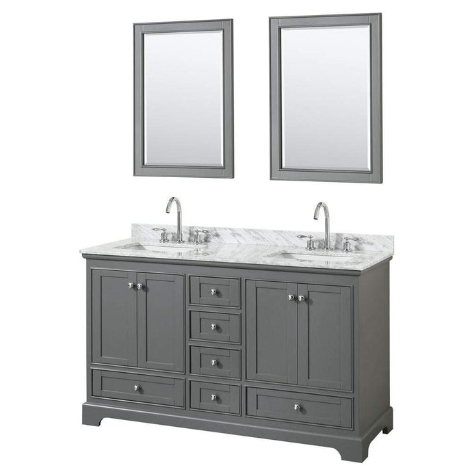Wyndham Collection Vanity Wyndham Collection WCS202060DKGCMUNSM24 Deborah 60 Inch Double Bathroom Vanity in Dark Gray, White Carrara Marble Countertop, Undermount Square Sinks, and 24 Inch Mirrors