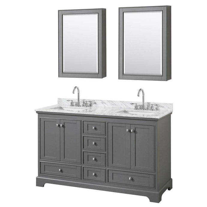 Wyndham Collection Vanity Wyndham Collection WCS202060DKGCMUNSMED Deborah 60 Inch Double Bathroom Vanity in Dark Gray, White Carrara Marble Countertop, Undermount Square Sinks, and Medicine Cabinets