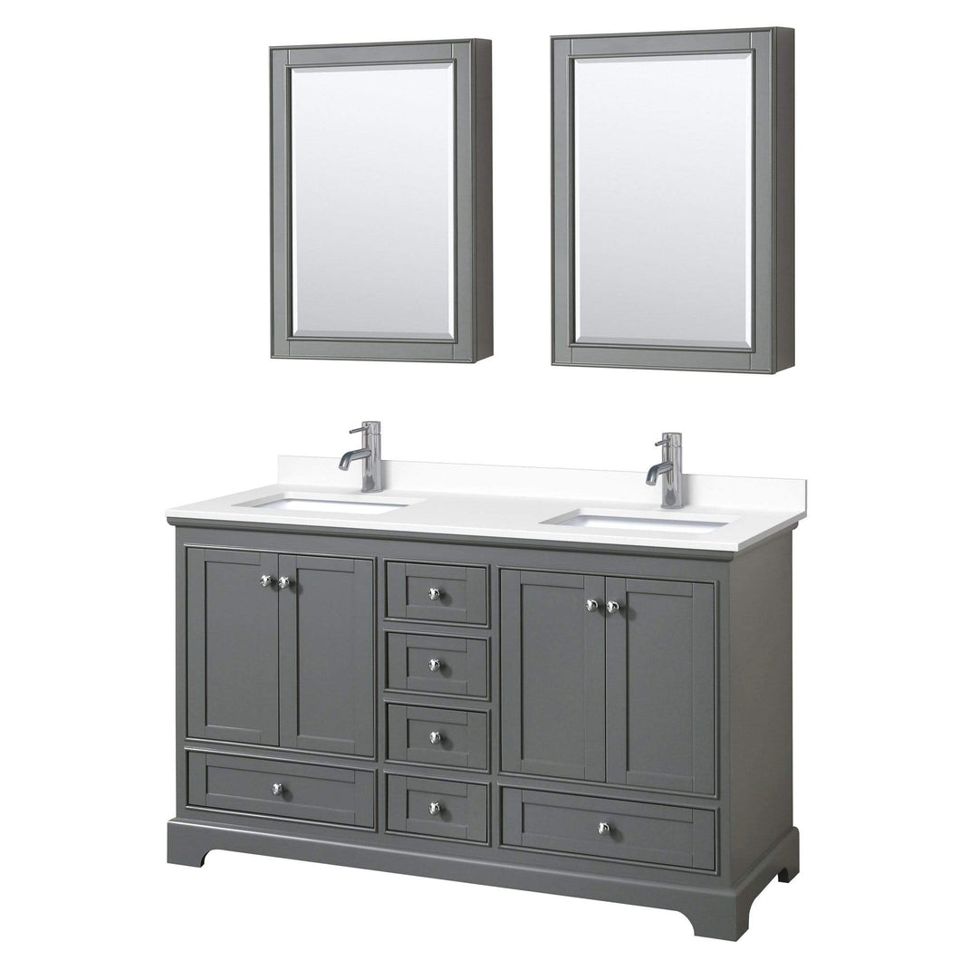 Wyndham Collection Vanity Wyndham Collection WCS202060DKGWCUNSMED Deborah 60 Inch Double Bathroom Vanity in Dark Gray, White Cultured Marble Countertop, Undermount Square Sinks, Medicine Cabinets
