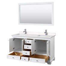 Load image into Gallery viewer, Wyndham Collection Vanity Wyndham Collection WCS202060DWHC2UNSM58 Deborah 60 Inch Double Bathroom Vanity in White, Light-Vein Carrara Cultured Marble Countertop, Undermount Square Sinks, 58 Inch Mirror