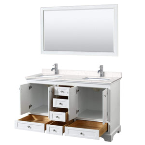 Wyndham Collection Vanity Wyndham Collection WCS202060DWHC2UNSM58 Deborah 60 Inch Double Bathroom Vanity in White, Light-Vein Carrara Cultured Marble Countertop, Undermount Square Sinks, 58 Inch Mirror