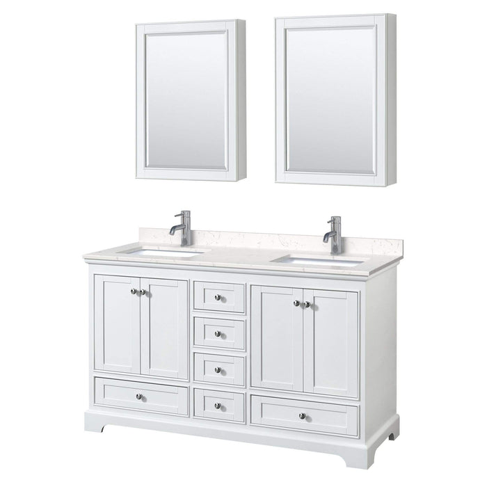 Wyndham Collection Vanity Wyndham Collection WCS202060DWHC2UNSMED Deborah 60 Inch Double Bathroom Vanity in White, Light-Vein Carrara Cultured Marble Countertop, Undermount Square Sinks, Medicine Cabinets