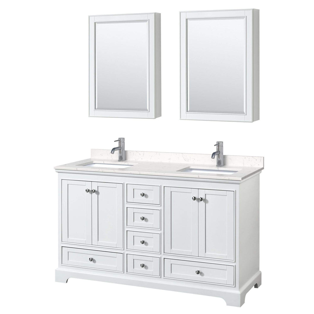 Wyndham Collection Vanity Wyndham Collection WCS202060DWHC2UNSMED Deborah 60 Inch Double Bathroom Vanity in White, Light-Vein Carrara Cultured Marble Countertop, Undermount Square Sinks, Medicine Cabinets