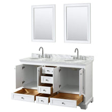 Load image into Gallery viewer, Wyndham Collection Vanity Wyndham Collection WCS202060DWHCMUNOM24 Deborah 60 Inch Double Bathroom Vanity in White, White Carrara Marble Countertop, Undermount Oval Sinks, and 24 Inch Mirrors
