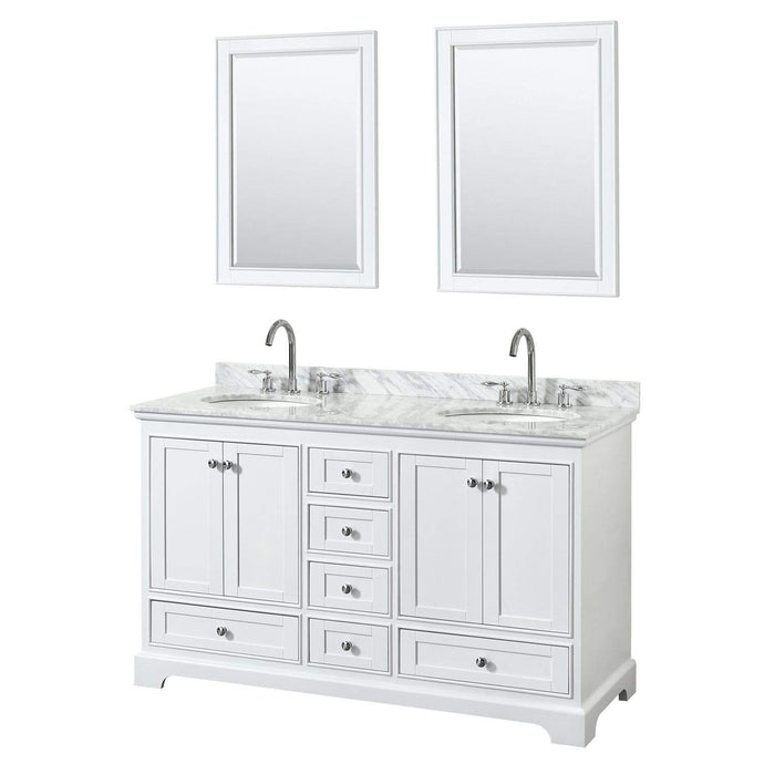 Wyndham Collection Vanity Wyndham Collection WCS202060DWHCMUNOM24 Deborah 60 Inch Double Bathroom Vanity in White, White Carrara Marble Countertop, Undermount Oval Sinks, and 24 Inch Mirrors