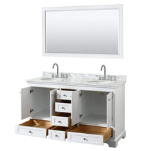 Load image into Gallery viewer, Wyndham Collection Vanity Wyndham Collection WCS202060DWHCMUNOM58 Deborah 60 Inch Double Bathroom Vanity in White, White Carrara Marble Countertop, Undermount Oval Sinks, and 58 Inch Mirror
