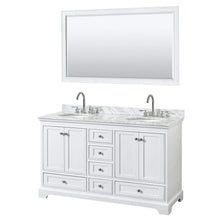 Load image into Gallery viewer, Wyndham Collection Vanity Wyndham Collection WCS202060DWHCMUNOM58 Deborah 60 Inch Double Bathroom Vanity in White, White Carrara Marble Countertop, Undermount Oval Sinks, and 58 Inch Mirror