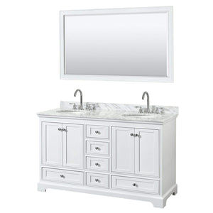 Wyndham Collection Vanity Wyndham Collection WCS202060DWHCMUNOM58 Deborah 60 Inch Double Bathroom Vanity in White, White Carrara Marble Countertop, Undermount Oval Sinks, and 58 Inch Mirror