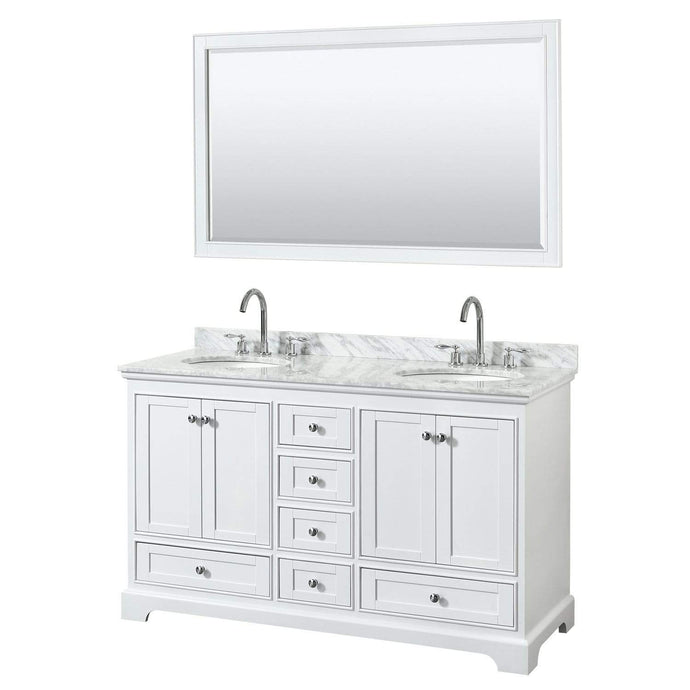 Wyndham Collection Vanity Wyndham Collection WCS202060DWHCMUNOM58 Deborah 60 Inch Double Bathroom Vanity in White, White Carrara Marble Countertop, Undermount Oval Sinks, and 58 Inch Mirror