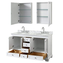 Load image into Gallery viewer, Wyndham Collection Vanity Wyndham Collection WCS202060DWHCMUNOMED Deborah 60 Inch Double Bathroom Vanity in White, White Carrara Marble Countertop, Undermount Oval Sinks, and Medicine Cabinets