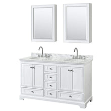 Load image into Gallery viewer, Wyndham Collection Vanity Wyndham Collection WCS202060DWHCMUNOMED Deborah 60 Inch Double Bathroom Vanity in White, White Carrara Marble Countertop, Undermount Oval Sinks, and Medicine Cabinets