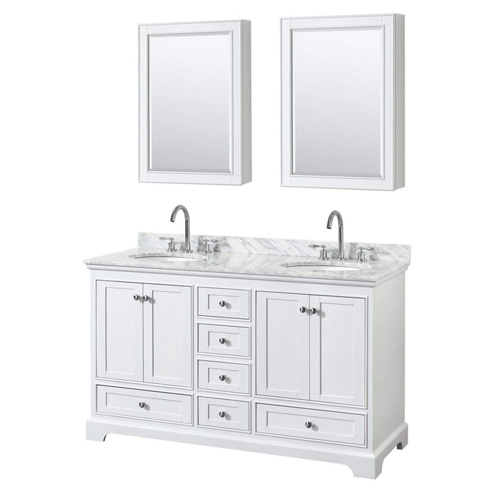 Wyndham Collection Vanity Wyndham Collection WCS202060DWHCMUNOMED Deborah 60 Inch Double Bathroom Vanity in White, White Carrara Marble Countertop, Undermount Oval Sinks, and Medicine Cabinets