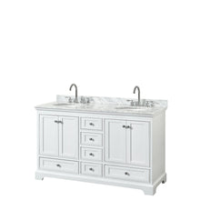 Load image into Gallery viewer, Wyndham Collection Vanity Wyndham Collection WCS202060DWHCMUNOMXX Deborah 60 Inch Double Bathroom Vanity in White, White Carrara Marble Countertop, Undermount Oval Sinks, and No Mirrors