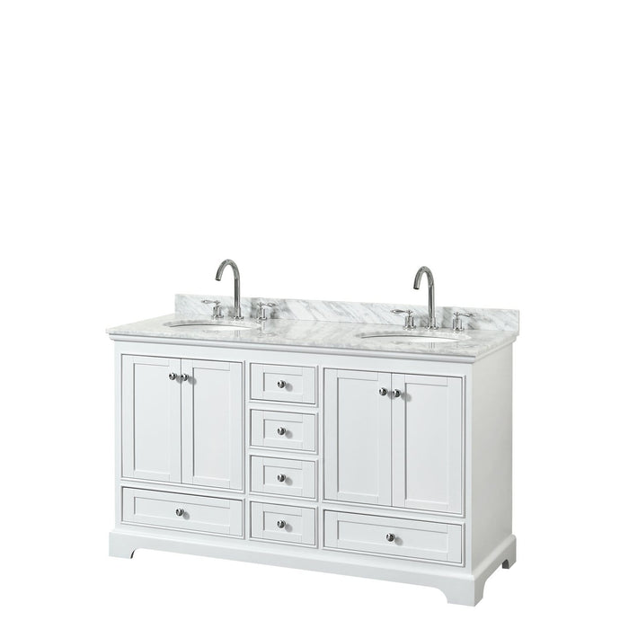 Wyndham Collection Vanity Wyndham Collection WCS202060DWHCMUNOMXX Deborah 60 Inch Double Bathroom Vanity in White, White Carrara Marble Countertop, Undermount Oval Sinks, and No Mirrors