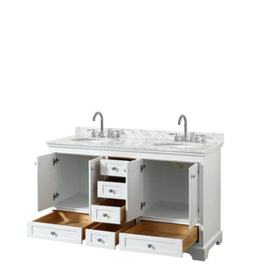 Wyndham Collection Vanity Wyndham Collection WCS202060DWHCMUNOMXX Deborah 60 Inch Double Bathroom Vanity in White, White Carrara Marble Countertop, Undermount Oval Sinks, and No Mirrors