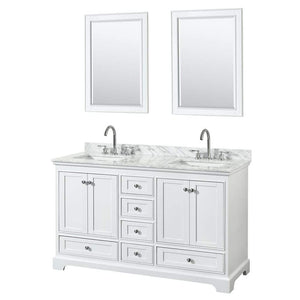Wyndham Collection Vanity Wyndham Collection WCS202060DWHCMUNSM24 Deborah 60 Inch Double Bathroom Vanity in White, White Carrara Marble Countertop, Undermount Square Sinks, and 24 Inch Mirrors