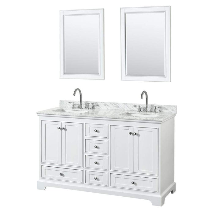 Wyndham Collection Vanity Wyndham Collection WCS202060DWHCMUNSM24 Deborah 60 Inch Double Bathroom Vanity in White, White Carrara Marble Countertop, Undermount Square Sinks, and 24 Inch Mirrors