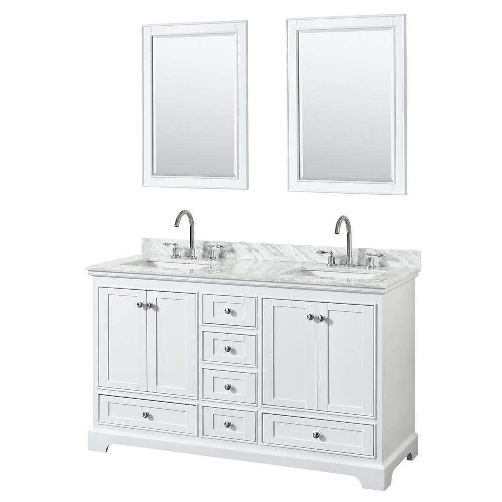 Wyndham Collection Vanity Wyndham Collection WCS202060DWHCMUNSM24 Deborah 60 Inch Double Bathroom Vanity in White, White Carrara Marble Countertop, Undermount Square Sinks, and 24 Inch Mirrors