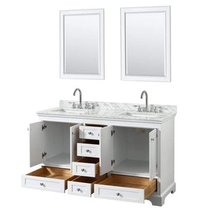 Wyndham Collection Vanity Wyndham Collection WCS202060DWHCMUNSM24 Deborah 60 Inch Double Bathroom Vanity in White, White Carrara Marble Countertop, Undermount Square Sinks, and 24 Inch Mirrors
