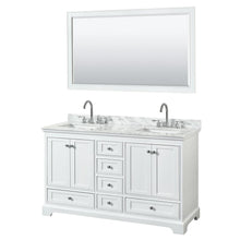 Load image into Gallery viewer, Wyndham Collection Vanity Wyndham Collection WCS202060DWHCMUNSM58 Deborah 60 Inch Double Bathroom Vanity in White, White Carrara Marble Countertop, Undermount Square Sinks, and 58 Inch Mirror
