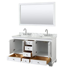 Load image into Gallery viewer, Wyndham Collection Vanity Wyndham Collection WCS202060DWHCMUNSM58 Deborah 60 Inch Double Bathroom Vanity in White, White Carrara Marble Countertop, Undermount Square Sinks, and 58 Inch Mirror