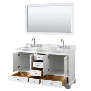 Wyndham Collection Vanity Wyndham Collection WCS202060DWHCMUNSM58 Deborah 60 Inch Double Bathroom Vanity in White, White Carrara Marble Countertop, Undermount Square Sinks, and 58 Inch Mirror