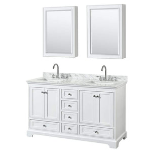 Wyndham Collection Vanity Wyndham Collection WCS202060DWHCMUNSMED Deborah 60 Inch Double Bathroom Vanity in White, White Carrara Marble Countertop, Undermount Square Sinks, and Medicine Cabinets