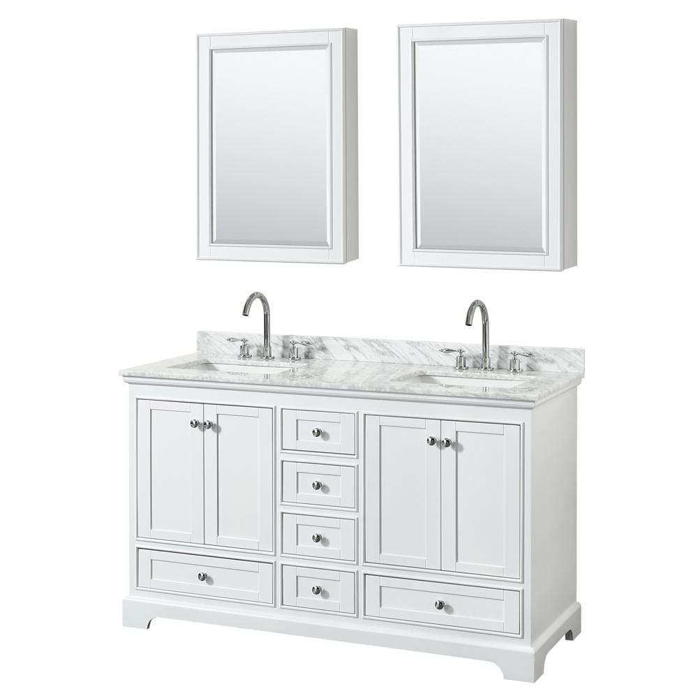 Wyndham Collection Vanity Wyndham Collection WCS202060DWHCMUNSMED Deborah 60 Inch Double Bathroom Vanity in White, White Carrara Marble Countertop, Undermount Square Sinks, and Medicine Cabinets