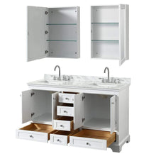 Load image into Gallery viewer, Wyndham Collection Vanity Wyndham Collection WCS202060DWHCMUNSMED Deborah 60 Inch Double Bathroom Vanity in White, White Carrara Marble Countertop, Undermount Square Sinks, and Medicine Cabinets