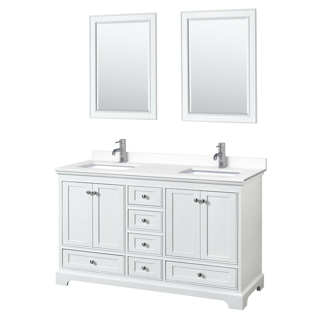 Wyndham Collection Vanity Wyndham Collection WCS202060DWHWCUNSM24 Deborah 60 Inch Double Bathroom Vanity in White, White Cultured Marble Countertop, Undermount Square Sinks, 24 Inch Mirrors