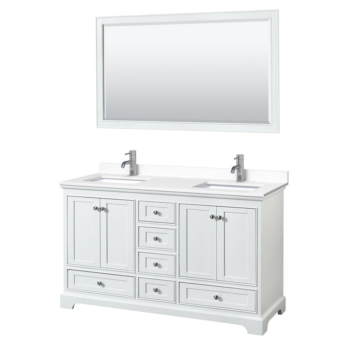Wyndham Collection Vanity Wyndham Collection WCS202060DWHWCUNSM58 Deborah 60 Inch Double Bathroom Vanity in White, White Cultured Marble Countertop, Undermount Square Sinks, 58 Inch Mirror