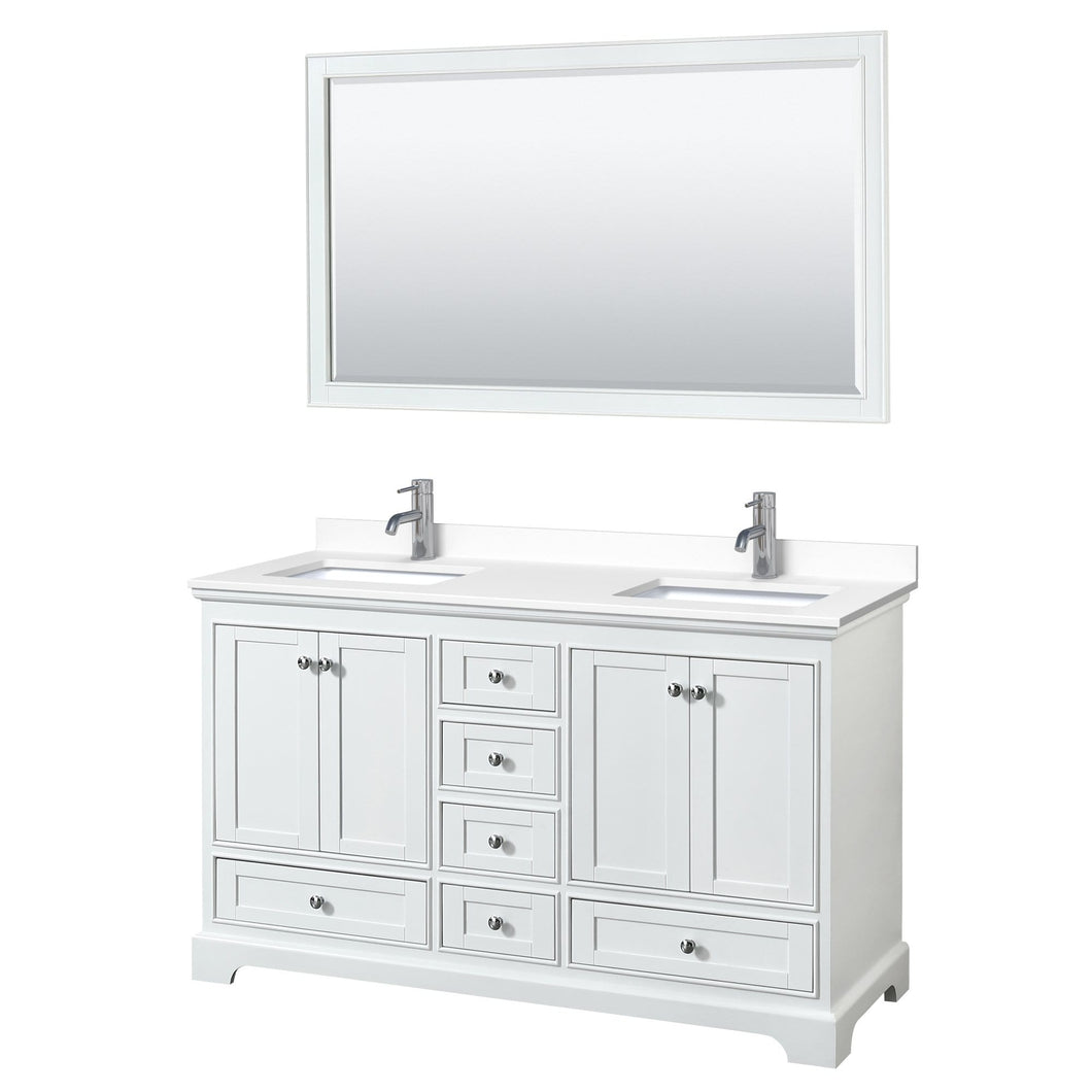 Wyndham Collection Vanity Wyndham Collection WCS202060DWHWCUNSM58 Deborah 60 Inch Double Bathroom Vanity in White, White Cultured Marble Countertop, Undermount Square Sinks, 58 Inch Mirror