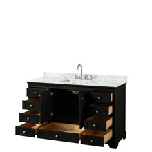 Load image into Gallery viewer, Wyndham Collection Vanity Wyndham Collection WCS202060SDECMUNSMXX Deborah 60 Inch Single Bathroom Vanity in Dark Espresso, White Carrara Marble Countertop, Undermount Square Sink, and No Mirror