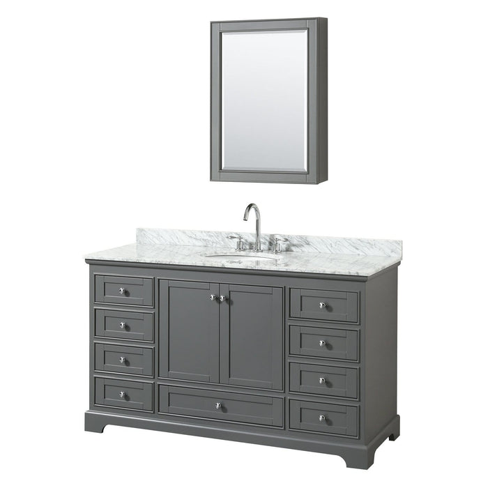 Wyndham Collection Vanity Wyndham Collection WCS202060SKGCMUNOMED Deborah 60 Inch Single Bathroom Vanity in Dark Gray, White Carrara Marble Countertop, Undermount Oval Sink, and Medicine Cabinet