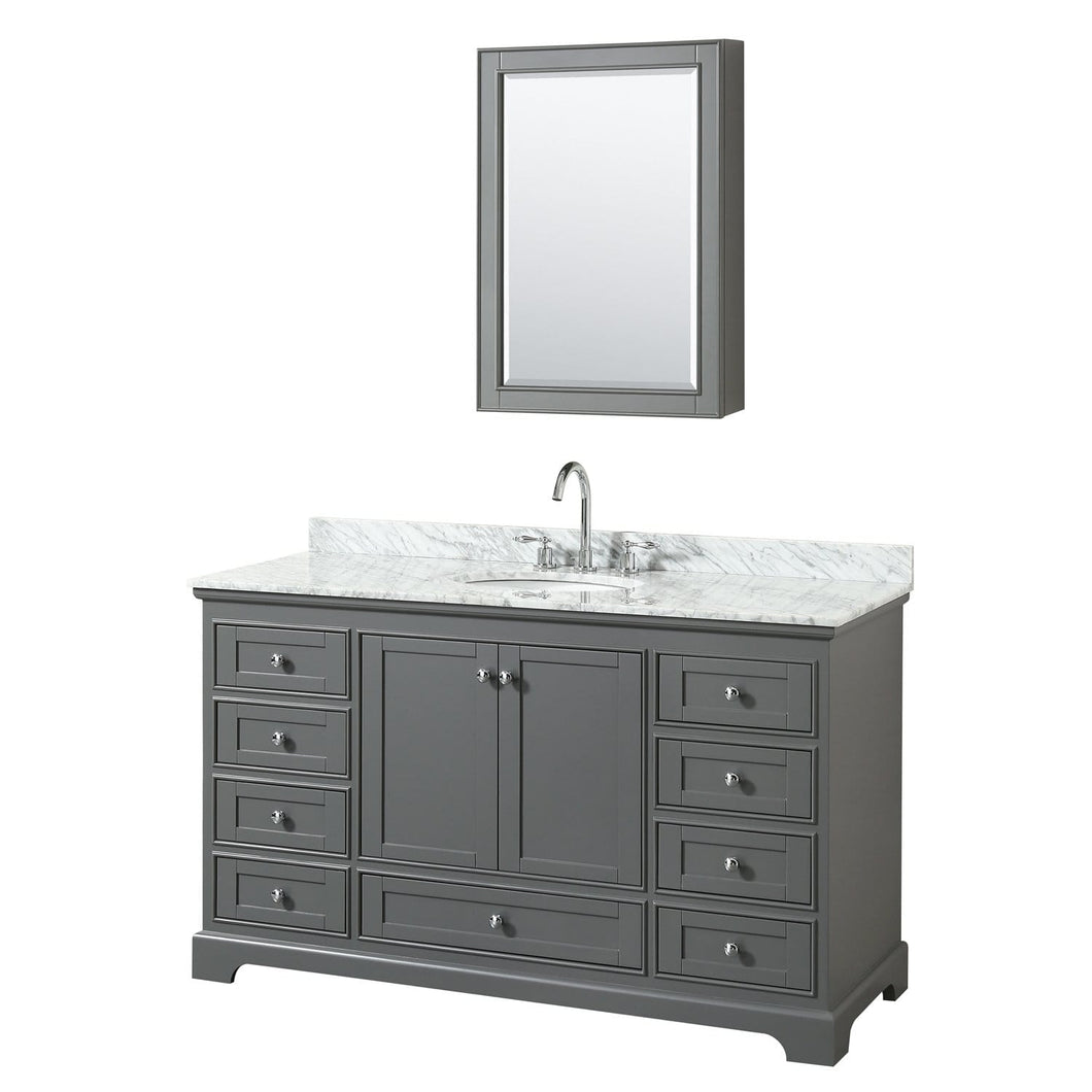 Wyndham Collection Vanity Wyndham Collection WCS202060SKGCMUNOMED Deborah 60 Inch Single Bathroom Vanity in Dark Gray, White Carrara Marble Countertop, Undermount Oval Sink, and Medicine Cabinet