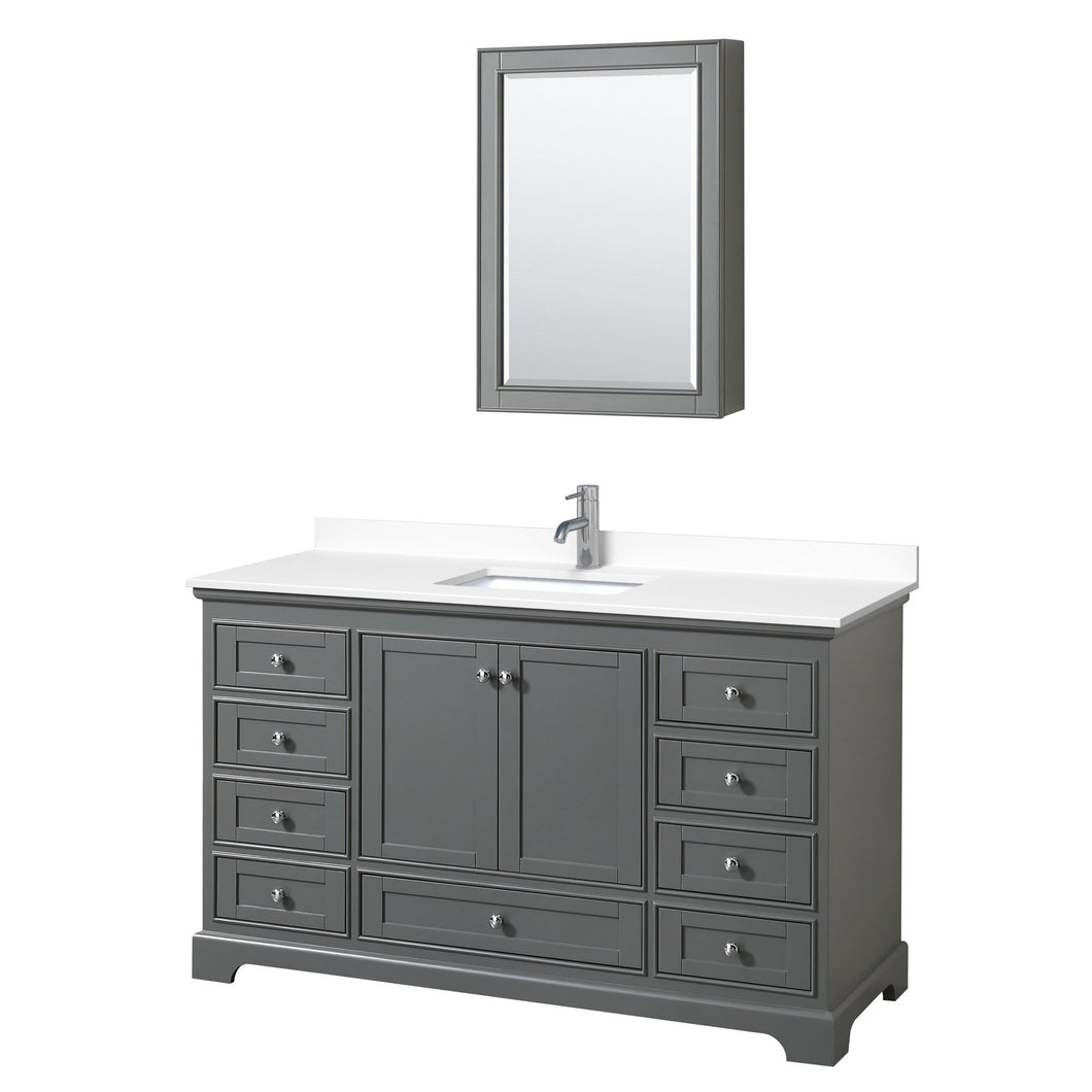 Wyndham Collection Vanity Wyndham Collection WCS202060SKGWCUNSMED Deborah 60 Inch Single Bathroom Vanity in Dark Gray, White Cultured Marble Countertop, Undermount Square Sink, Medicine Cabinet