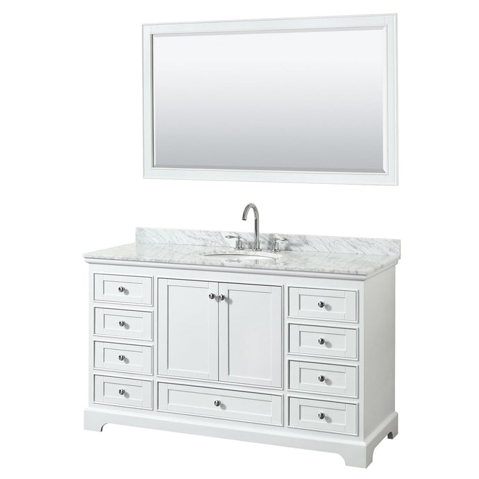 Wyndham Collection Vanity Wyndham Collection WCS202060SWHCMUNOM58 Deborah 60 Inch Single Bathroom Vanity in White, White Carrara Marble Countertop, Undermount Oval Sink, and 58 Inch Mirror